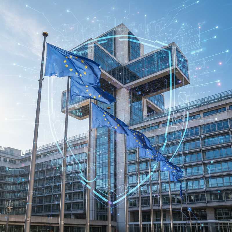 Europese Commissie gebouw in Brussel met EU vlaggen en digitale technologie overlay