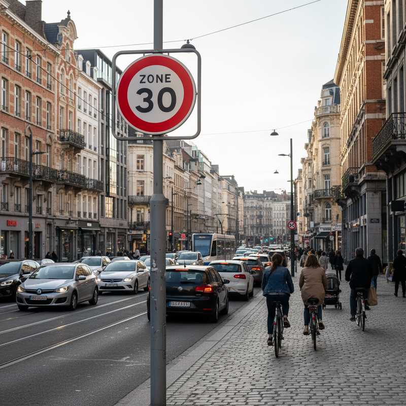 Snelheidsbord met Zone 30 aanduiding langs een straat in Brussel met auto's en fietsers