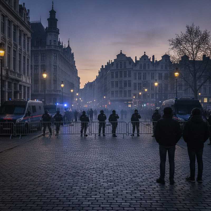 Brusselse straat met politie-aanwezigheid en barricades na rellen en protesten