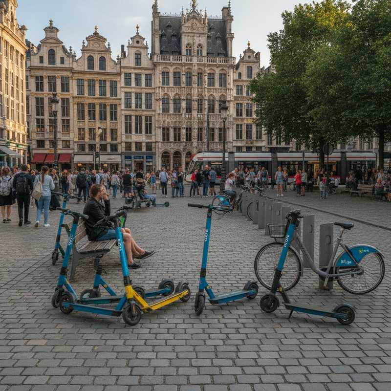 Meerdere gedeelde e-scooters geparkeerd op een voetpad in Brussel, sommige blokkeren de doorgang voor voetgangers