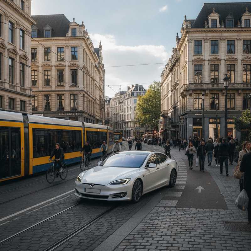 Tesla elektrische wagen rijdt door drukke Brusselse straat met tramsporen en fietsers