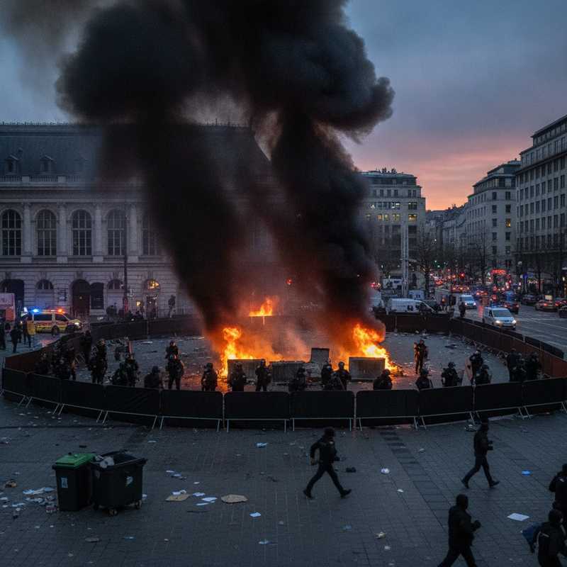 Politiebarricades en noodverlichting bij de ingang van station Brussel-Centraal tijdens rellen