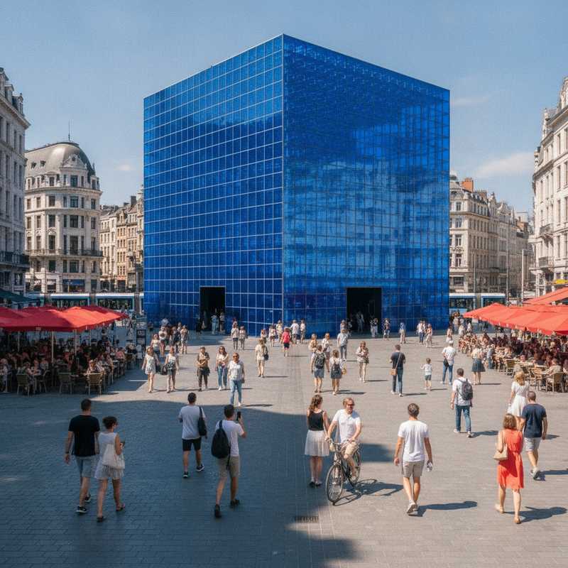 Grote felblauwe kubusconstructie op De Brouckèreplein in Brussel met voetgangers eromheen