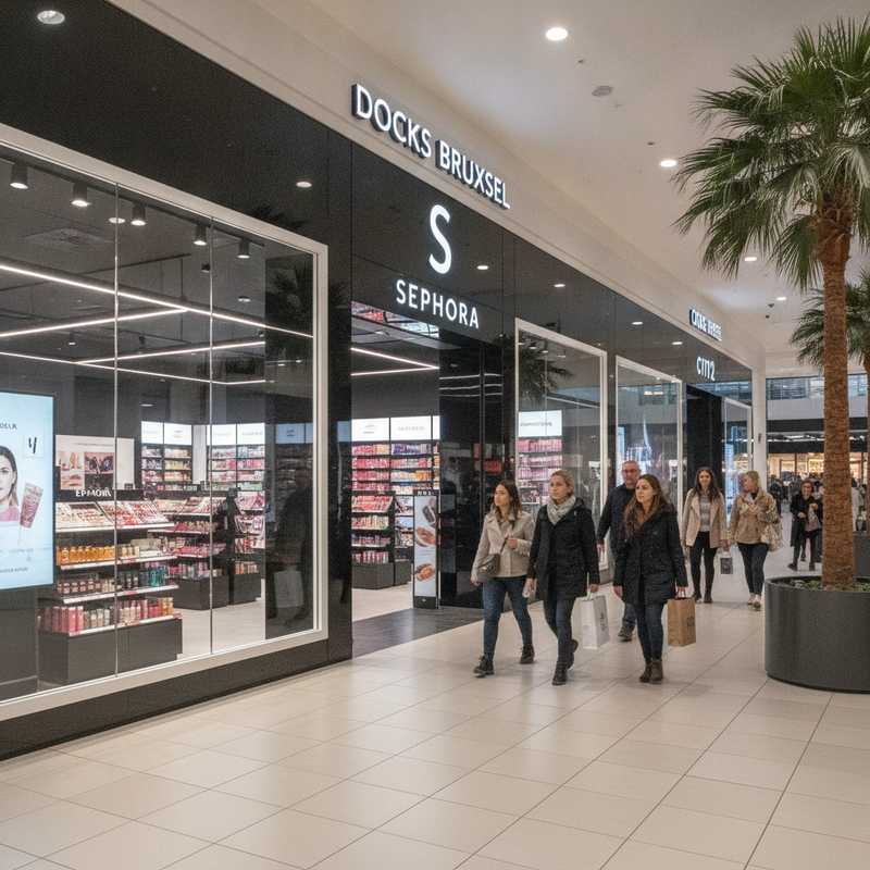 Moderne Sephora beautyketen winkel in winkelcentrum met verlichte etalage en shoppers