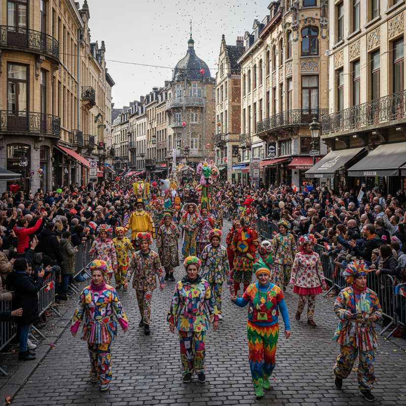 Kleurrijke stoet van de Zinneke Parade met performers en praalwagens door de straten van Brussel centrum