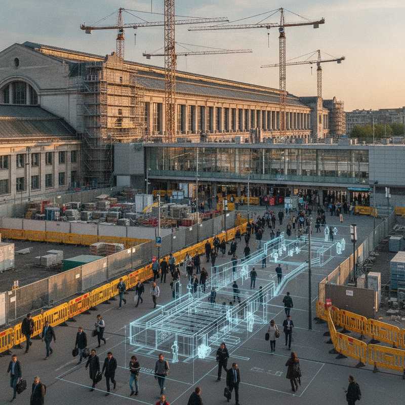 Buitenaanzicht van Brussels treinstation met bouwwerkzaamheden en pendelaars