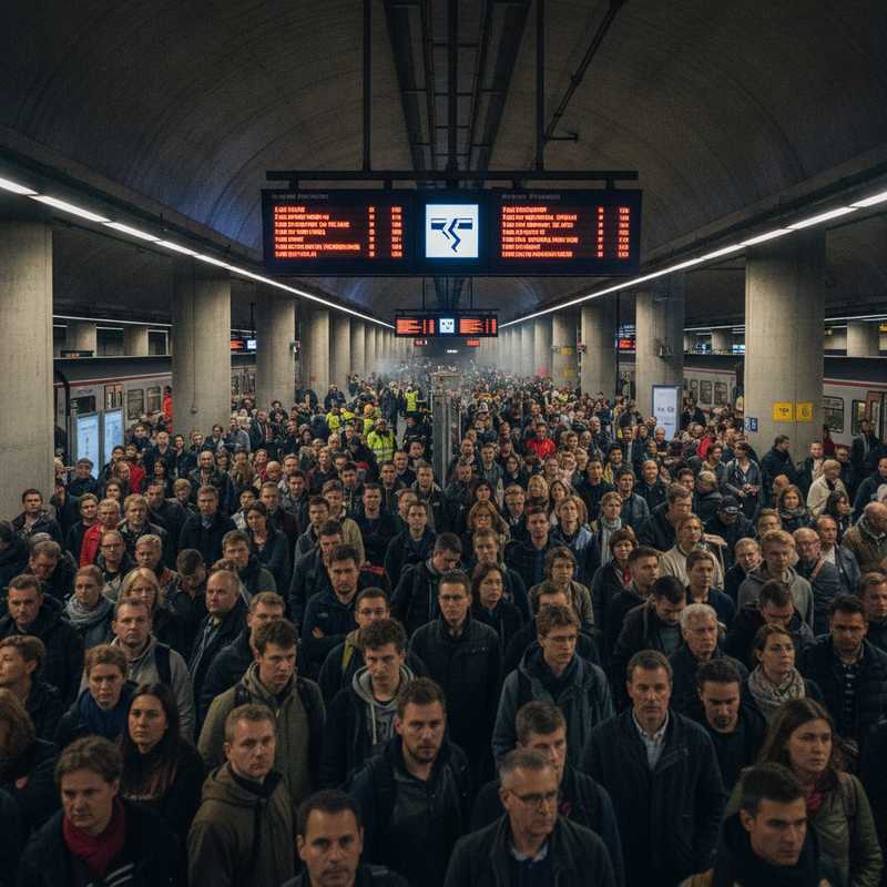Drukke perrons in Brussel-Centraal station met wachtende reizigers en hulpdiensten op de achtergrond