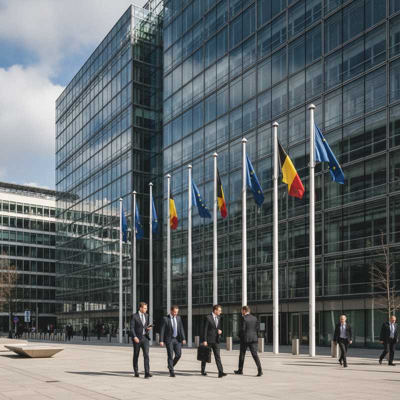 Gebouw van de Europese Commissie in Brussel met EU-vlaggen, waar het nieuwe belastingplan wordt voorbereid