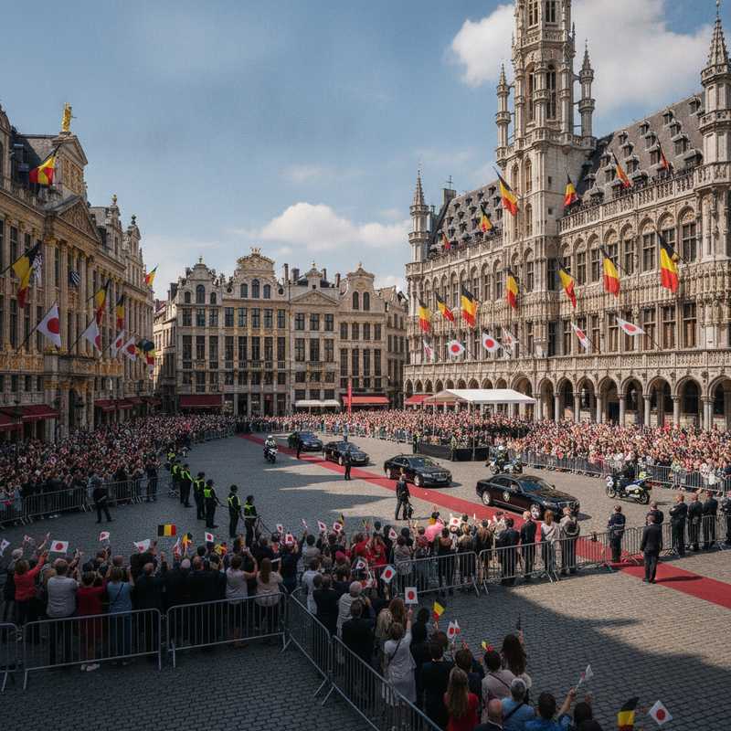 Grote Markt in Brussel met Belgische en Japanse vlaggen tijdens staatsbezoek Japanse keizer
