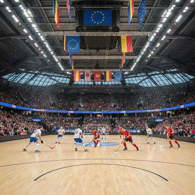 Indoor hockeyspelers in actie tijdens een Europees kampioenschap in een moderne sporthal met toeschouwers