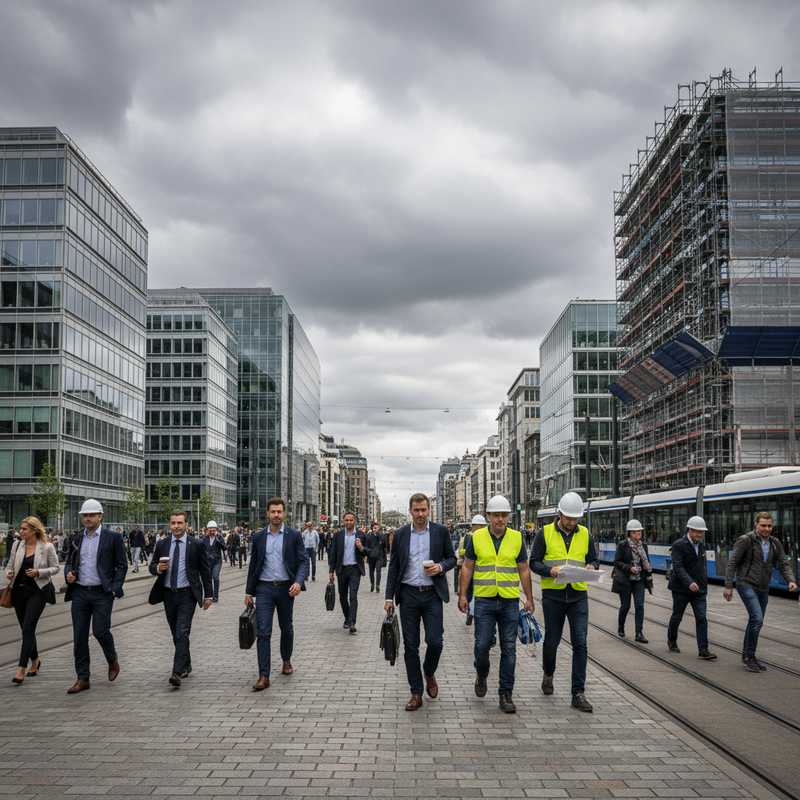 Werknemers lopen langs kantoorgebouwen in de Europese wijk in Brussel