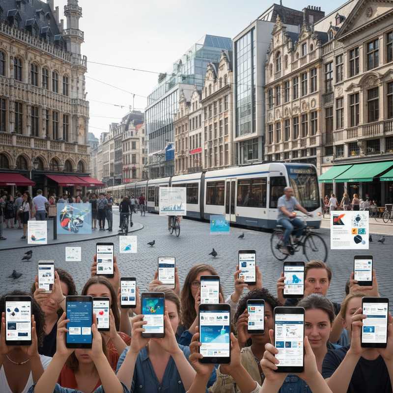 Verschillende digitale nieuwsschermen en smartphones met nieuwsapps in een Brusselse straatscène die versnipperde nieuwsbronnen symboliseren