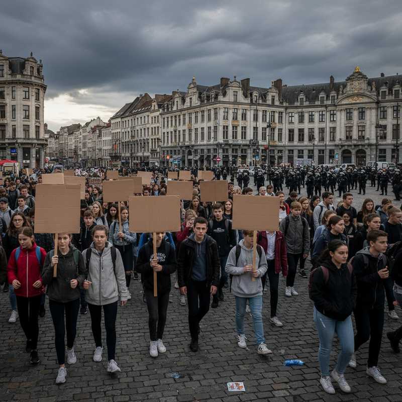 Grote menigte demonstranten met spandoeken tijdens protest tegen onderwijsbesparingen in de straten van Brussel