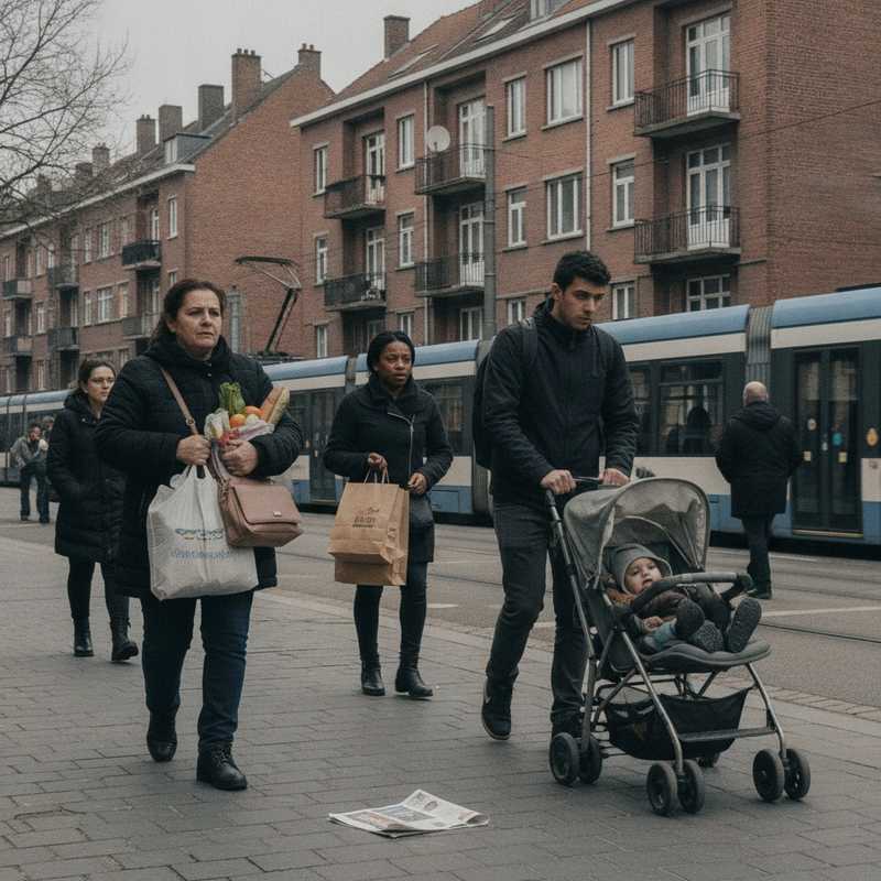 Diverse Brusselaars lopen door een straat met sociale woningen, sommigen met boodschappentassen, documentair straatbeeld dat economische druk illustreert