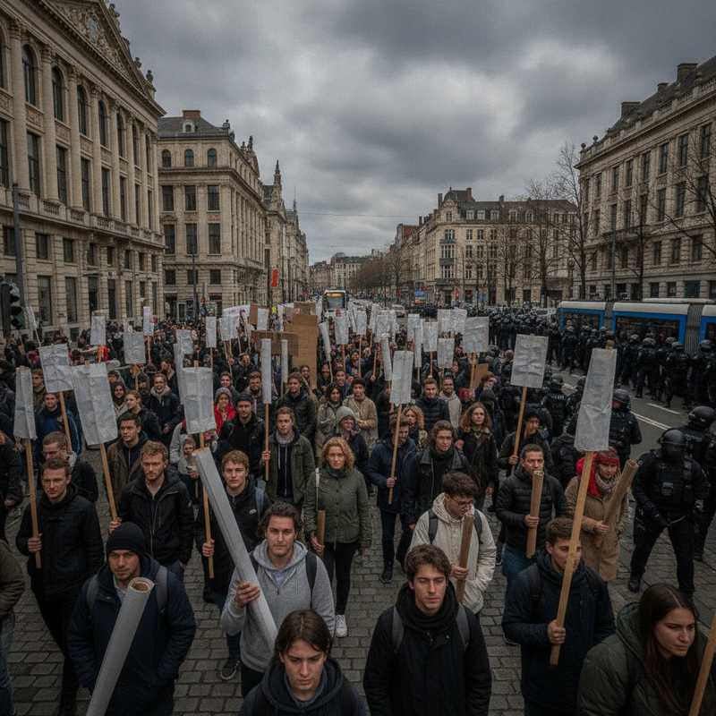 Betogers met spandoeken tijdens onderwijsprotest in Brussel met oproerpolitie op de achtergrond