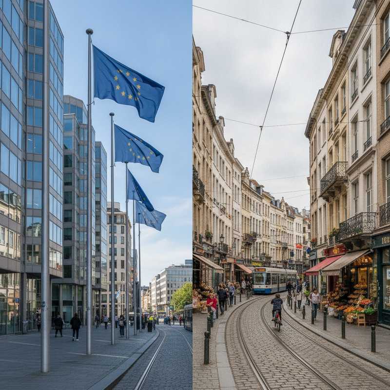 Gesplitst beeld van Brussel met Europese Wijk gebouwen en EU-vlaggen aan de ene kant, authentieke Brusselse woonwijk met herenhuizen aan de andere kant