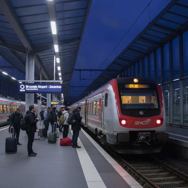 Treinplatform Brussels Airport in de vroege ochtend met reizigers en verlichte borden