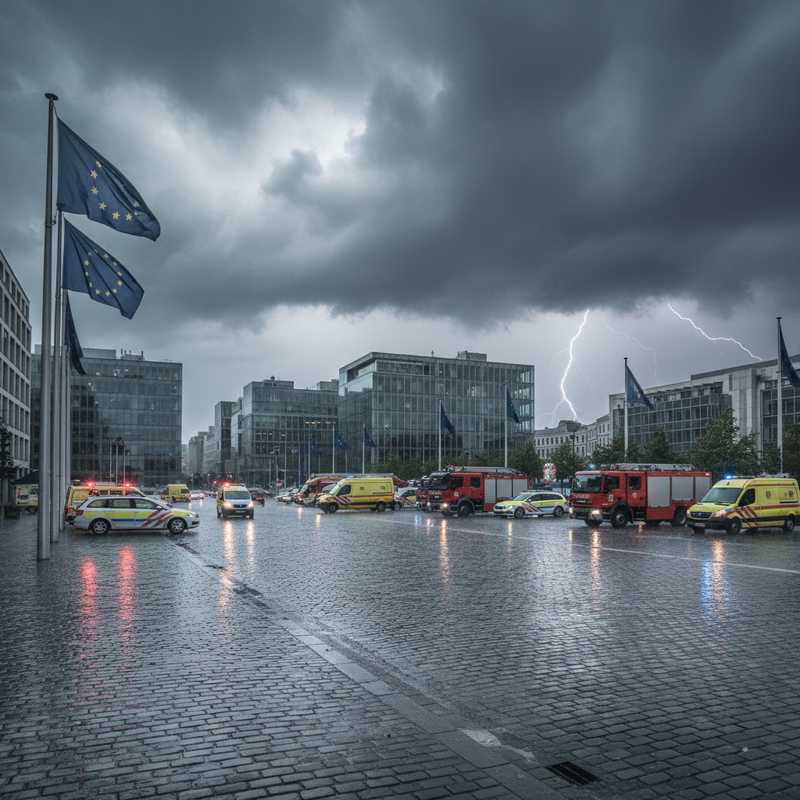 Brusselse straat met nooddiensten tijdens hevig onweer, EU-gebouwen op de achtergrond