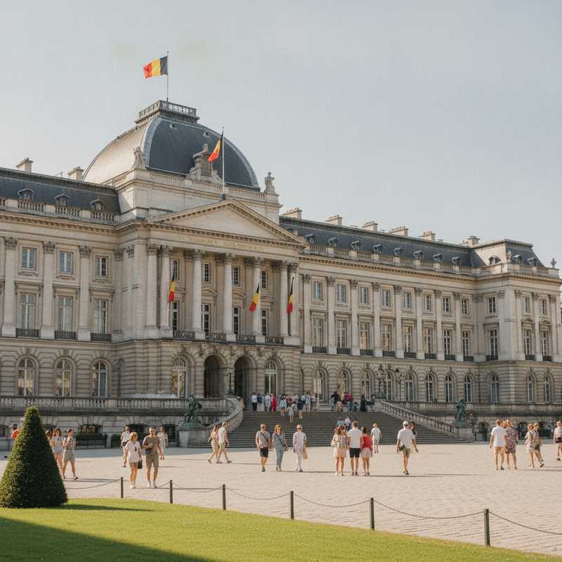 Voorgevel van het Koninklijk Paleis van Brussel met bezoekers die naar de ingang lopen