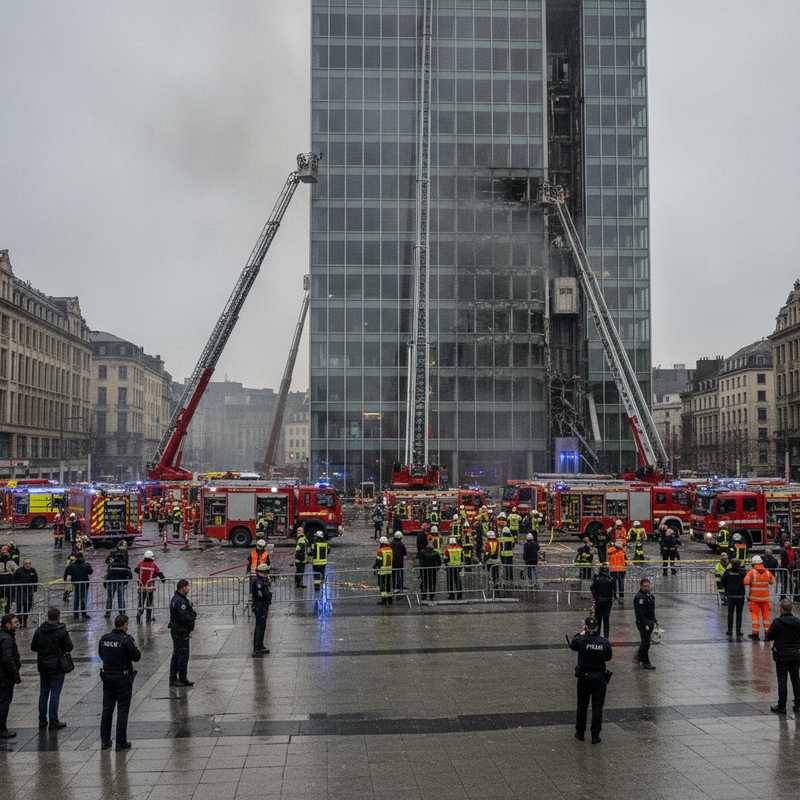 Brandweerwagens en hulpdiensten bij afgezet OXY-gebouw aan De Brouckèreplein in Brussel na dodelijke brand