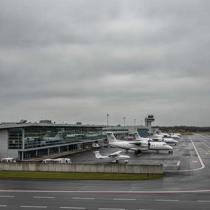 Buitenaanzicht van de luchthaven Antwerpen-Deurne met terminal en vliegtuigen op het platform