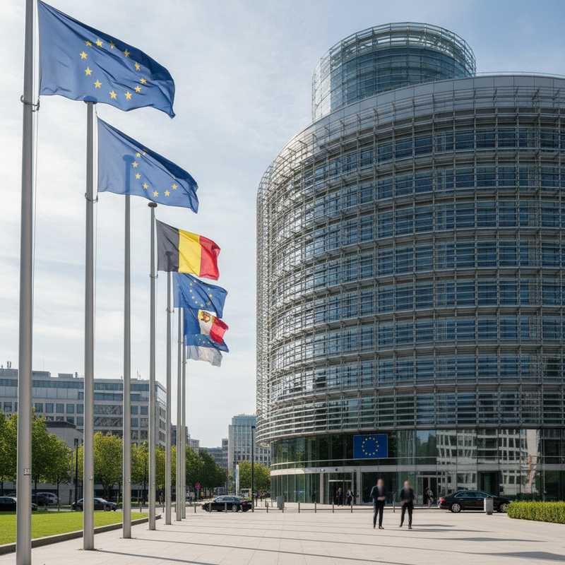 Buitenaanzicht van het Europese Raadsgebouw in Brussel met EU-vlaggen