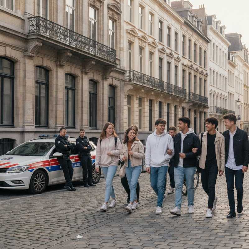Brusselse straat met politiewagen op achtergrond en jongeren die rustig voorbijlopen in stedelijke omgeving
