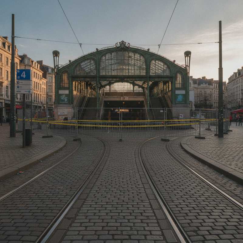 Afgesloten toegang tot premetrostation Beurs in Brussel met politieafzetting