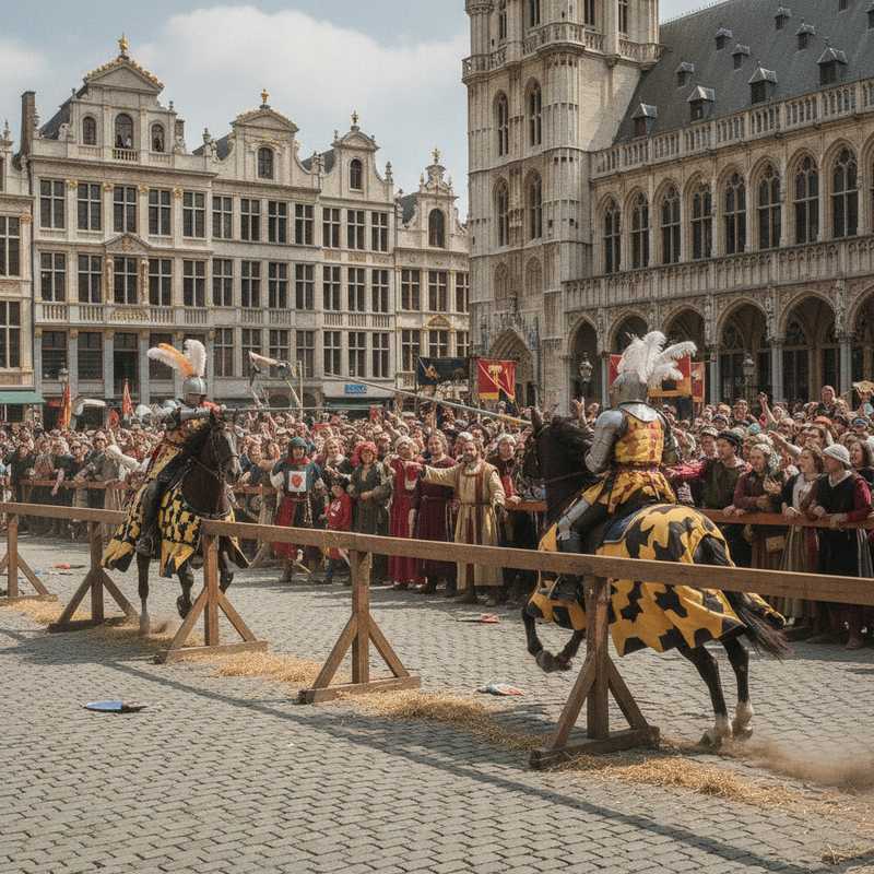 Druk middeleeuws steekspel met ridders te paard en toeschouwers op de Grote Zavel in Brussel