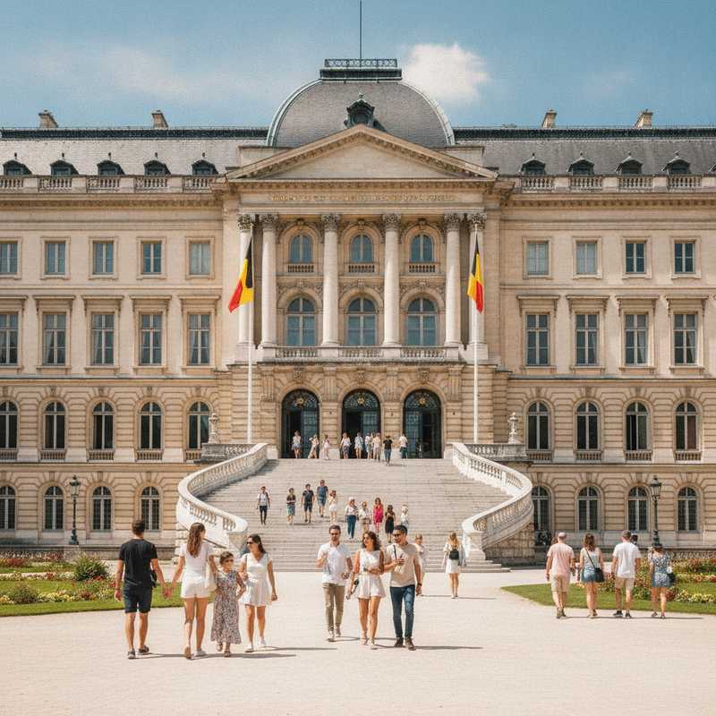 Voorgevel van het Koninklijk Paleis in Brussel met bezoekers op de trap en Belgische vlaggen