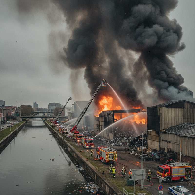 Brandweerlieden aan het werk bij een grote brand in een industrieel recyclagebedrijf met rookontwikkeling
