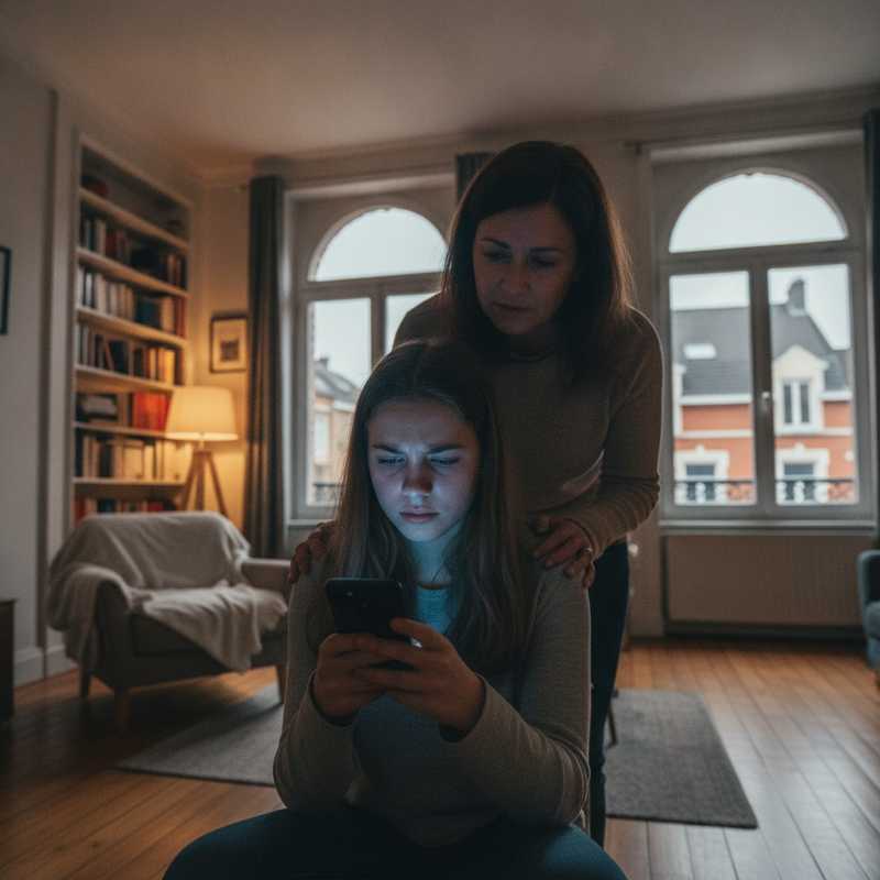 Tiener met smartphone en ouder in Brusselse thuisomgeving, illustratie van nieuwe sociale media regelgeving voor minderjarigen