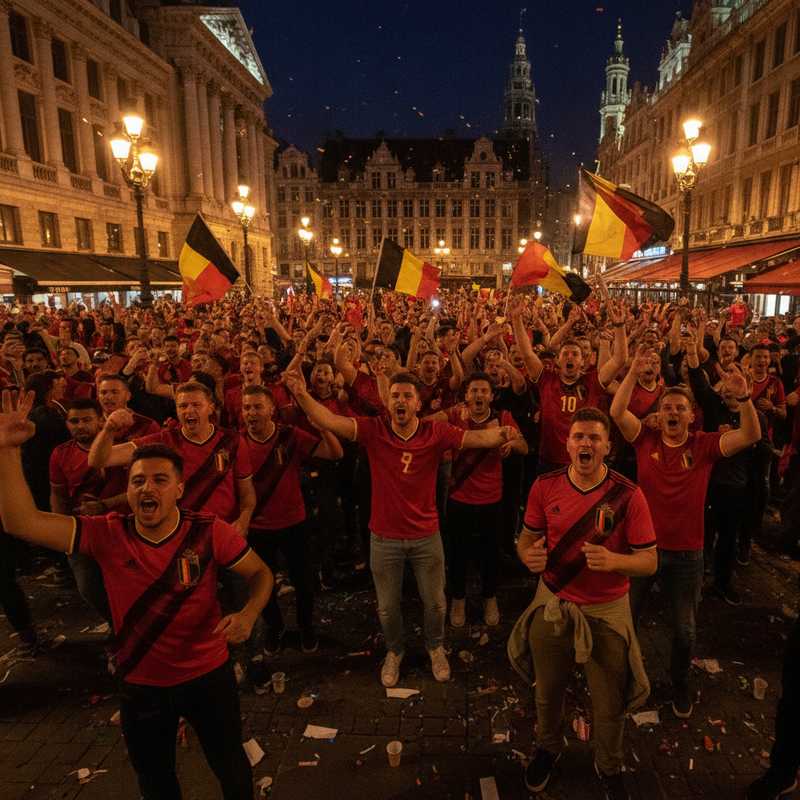 Grote menigte Belgian voetbalfans met vlaggen die feesten op het Beursplein in Brussel 's avonds