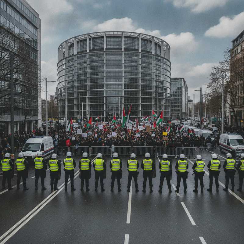 Belgische politieagenten in hesjes bij betoging nabij Europees Parlement in Brussel