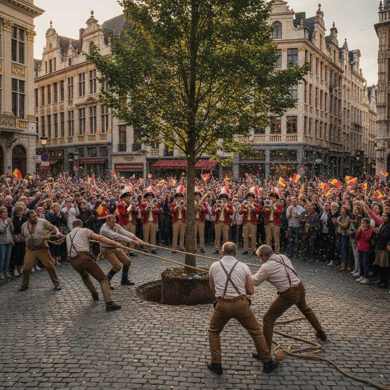 Menigte kijkt toe terwijl dragers met touwen de Meyboom proberen recht te trekken op het kruispunt Marais/Zandstraat in Brussel
