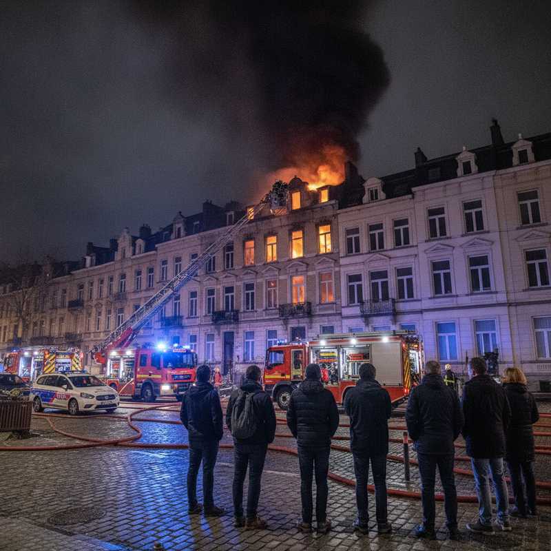 Brandweerlieden en hulpdiensten bij appartementsbrand in Schaarbeek met rookontwikkeling en evacuatie