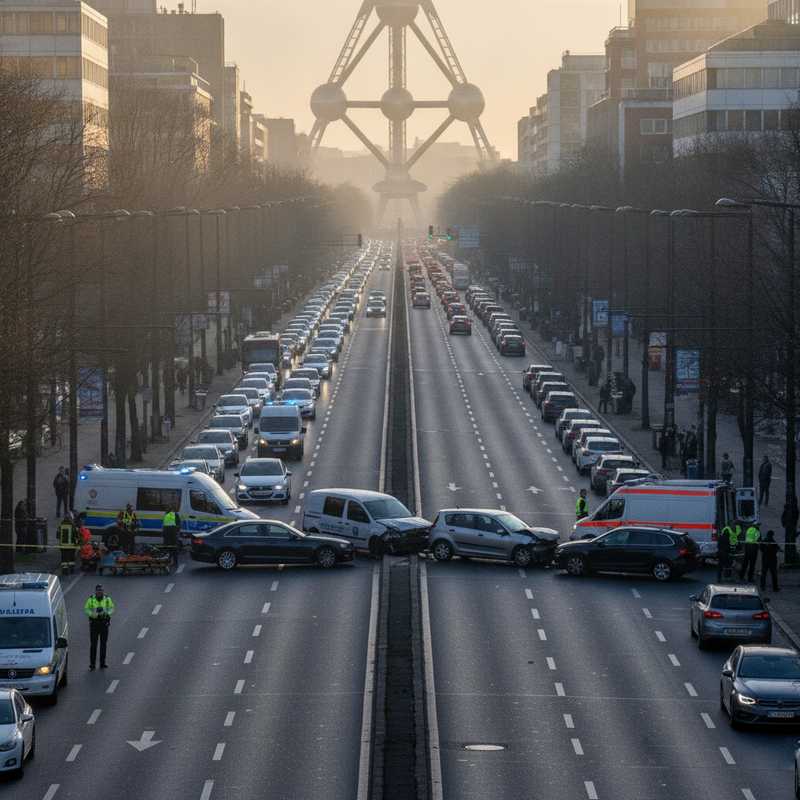 Emergency services attending to a multi-vehicle collision on Van Praetlaan in Brussels during morning rush hour