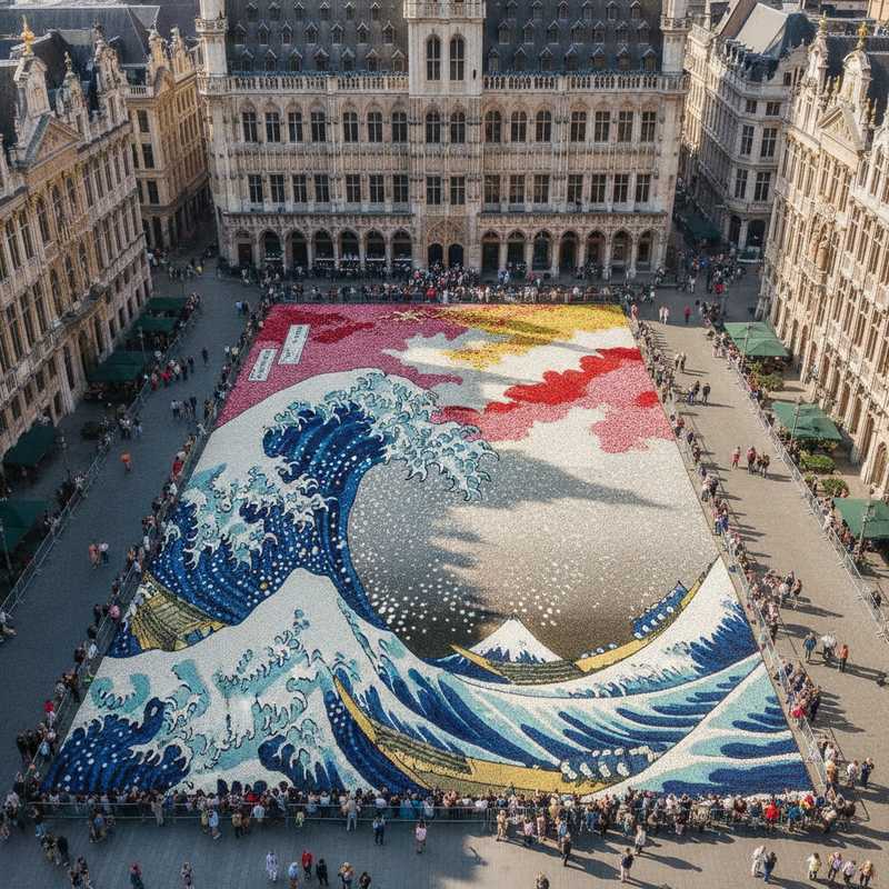 Luchtfoto van een reusachtig bloementapijt op de Grote Markt in Brussel met kleurrijke dahlia's in het patroon van Hokusai's Grote Golf, met het gotische stadhuis op de achtergrond