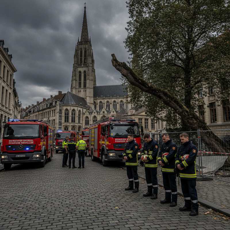 Brandweerwagens en hulpdiensten bij de Treurenberg in het centrum van Brussel met kathedraal op achtergrond