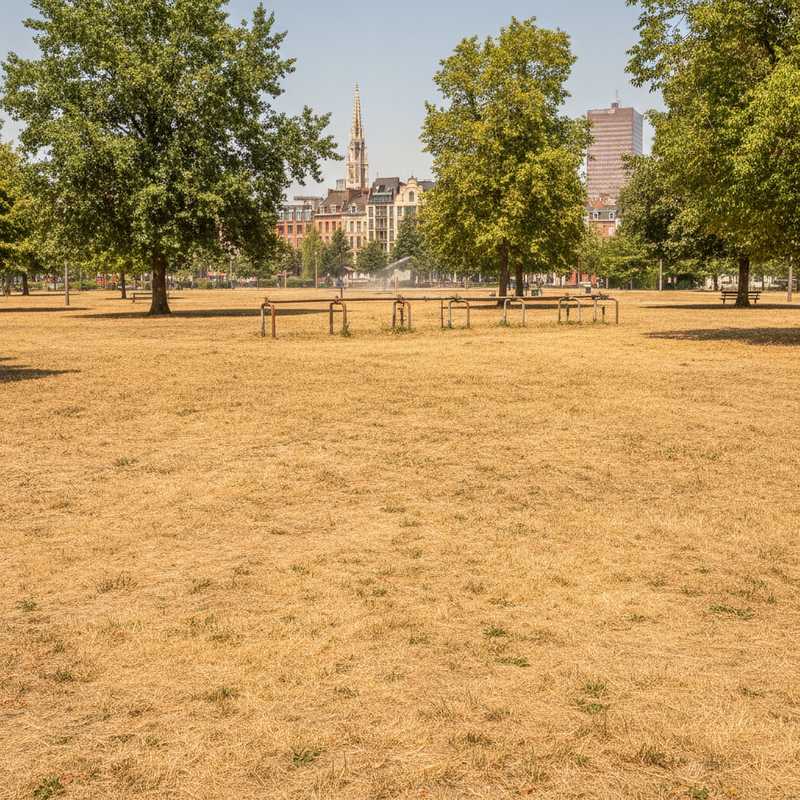 Droog gazon in een Brusselse stadspark met uitgeschakeld sproeisysteem tijdens droogteperiode