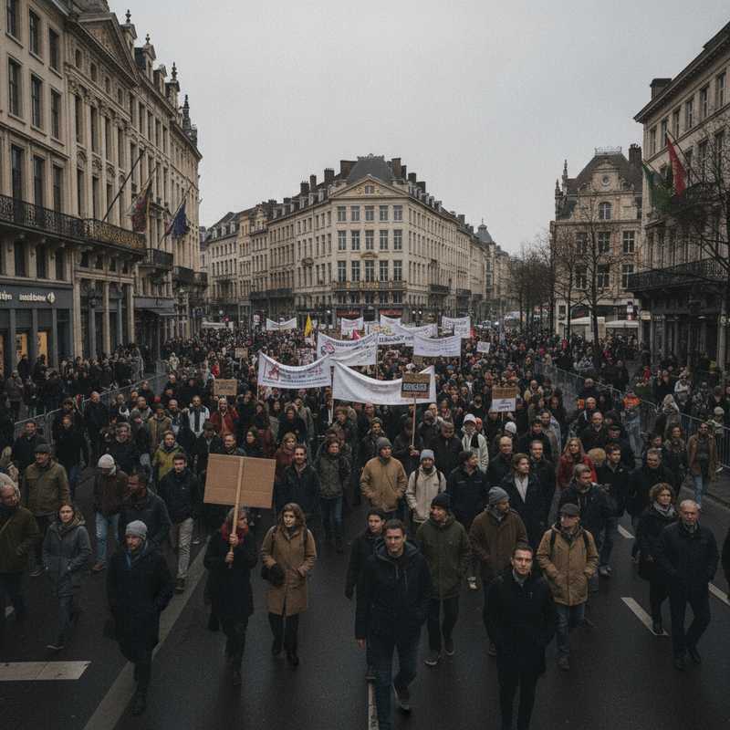 Grote groep demonstranten in Brussel protesteert met spandoeken tegen de sluiting van opvangplaatsen voor daklozen en asielzoekers