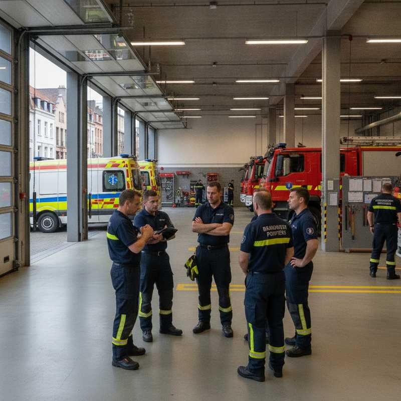 Brandweerwagens en ambulances bij een Brusselse kazerne met brandweerlieden in overleg