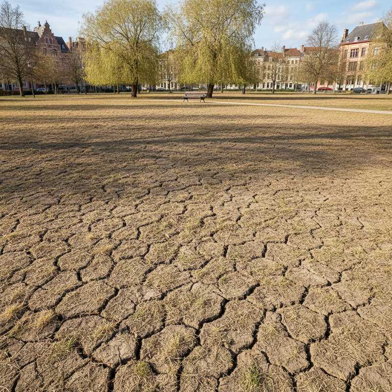Uitgedroogde en gebarsten grond met bruin gras in een Brussel park, illustratie van de droogte