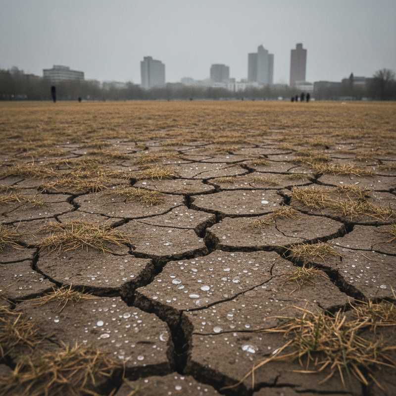 Droge uitgedroogde grond in Brusselse park met waterdruppels van recente regen