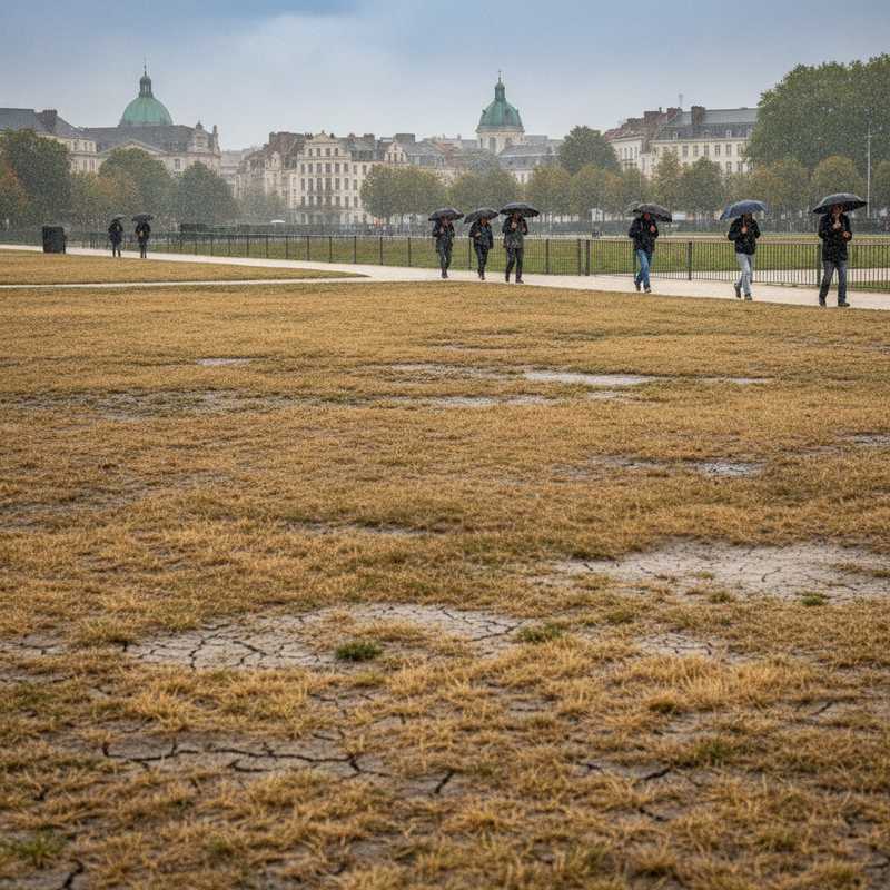 Droog gazon in Brussels park met wandelaars onder paraplu's tijdens lichte regen
