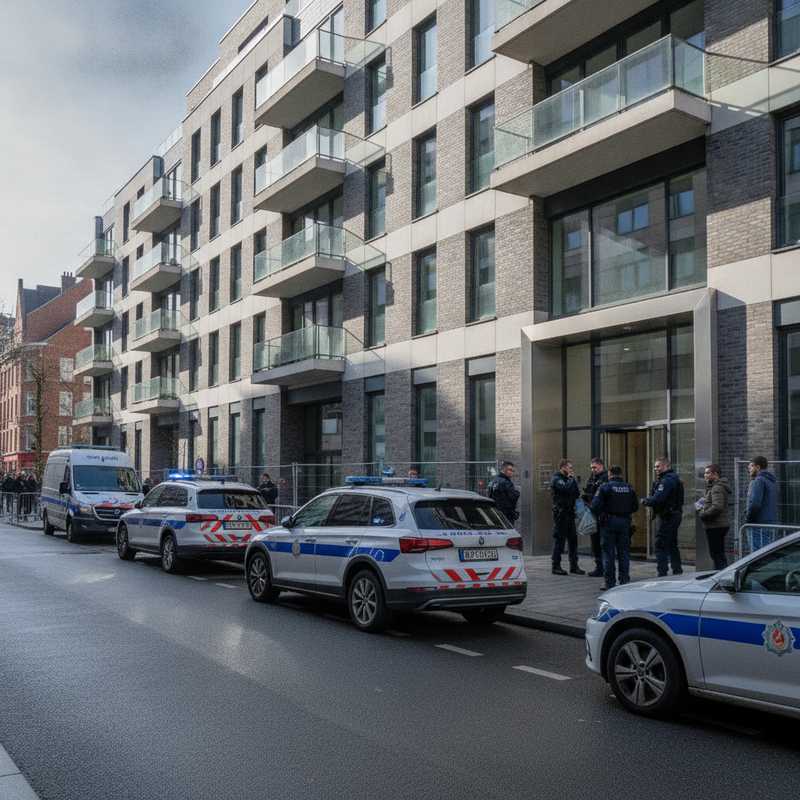 Politieagenten bij een stedelijk appartementsgebouw tijdens een politie-interventie in Brussel