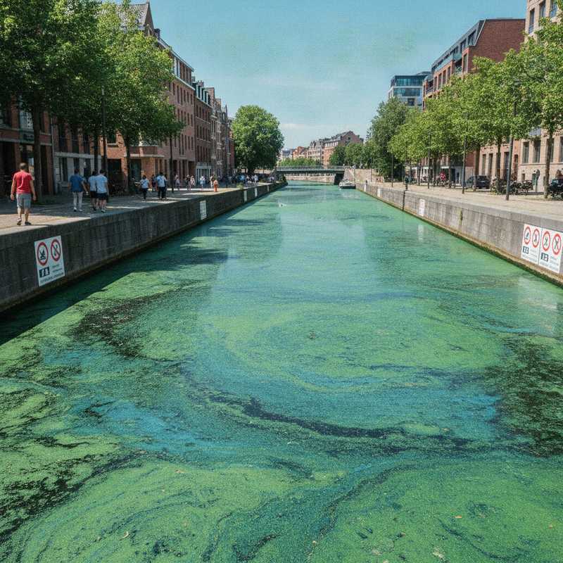 Zeekanaal Brussel-Schelde met blauwalgen en waarschuwingsborden langs de waterkant