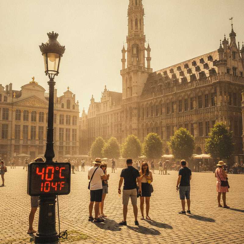 Zonnige dag in Brussel met mensen die schaduw zoeken, thermometer toont hoge temperatuur, hittegolven stijgen op van het wegdek