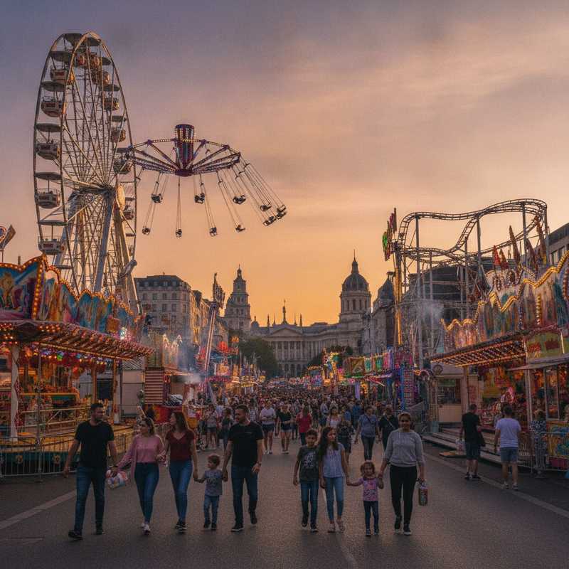 Drukke Brusselse Zuidkermis met kleurrijke attracties en bezoekers langs Boulevard du Midi