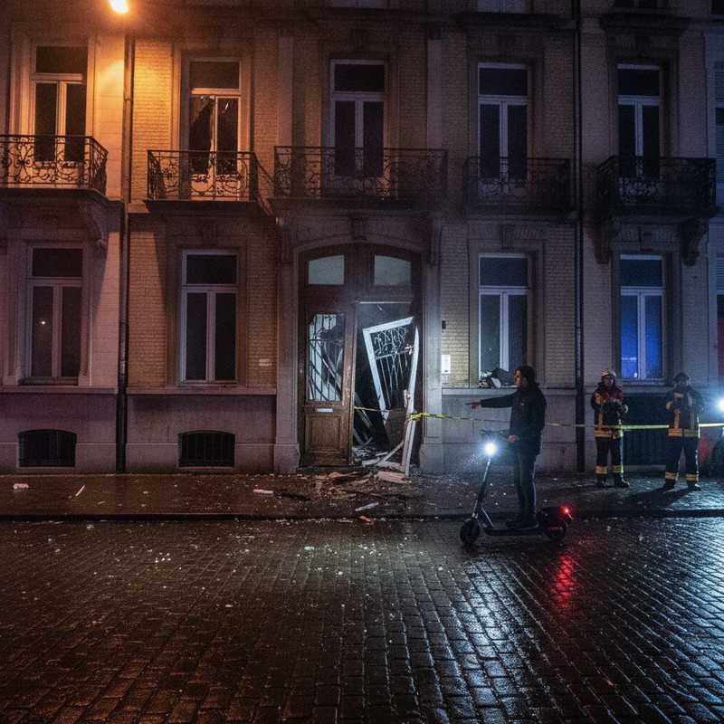 Beschadigde toegangsdeur van studentengebouw na explosie in Elsene, Brussel